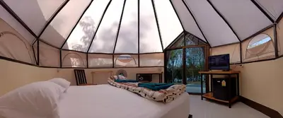 a bedroom with a bed with a large glass ceiling at Camp Hadee Koh Yao Noi in Ko Yao Noi
