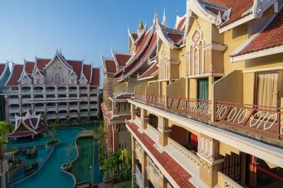 an aerial view of buildings and a swimming pool at Ayodhaya Palace Beach Resort - SHA Plus certified in Ao Nang Beach