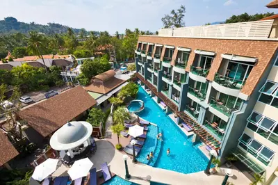 an aerial view of a resort with a swimming pool at Ramaburin Resort Patong - SHA Extra Plus in Patong Beach