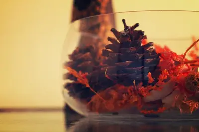a glass vase with a pine cone on a table at Tropical Sands in Nai Harn Beach