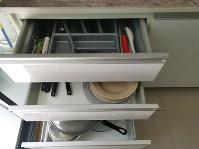 a closet with white shelves and utensils at 2 Floor - Centrio Condominium near Central Shopping Mall and Phuket Old town in Phuket Town