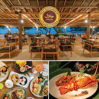 a collage of pictures of a restaurant with food at Island Escape Burasari in Phuket Town
