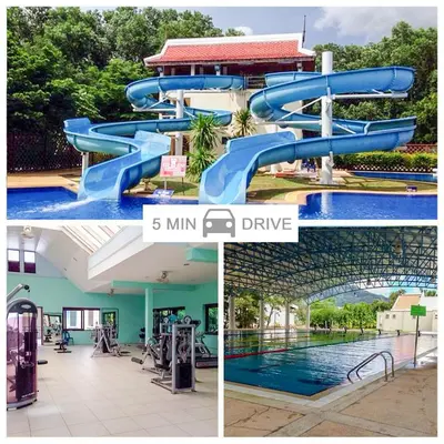 a collage of three pictures of a water slide at The Sea View room in Palmyrah Surin by Holy Cow in Surin Beach