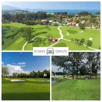 a collage of four pictures of a golf course at The Palmyrah Surin by Holy Cow, 1-BR, courtyard or pool view in Surin Beach