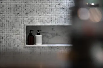 a bathroom sink with two bottles on a shelf at Beautiful 3 bedroom pool villa with 65inch smart tv Located near popular Bangtao beach and laguna Phuket in Bang Tao Beach