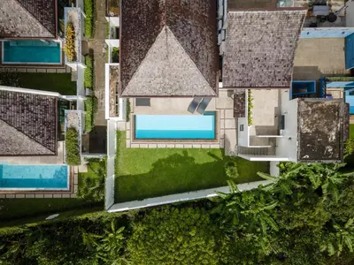 an overhead view of a house with a swimming pool at Beautiful 3 bedroom pool villa with 65inch smart tv Located near popular Bangtao beach and laguna Phuket in Bang Tao Beach