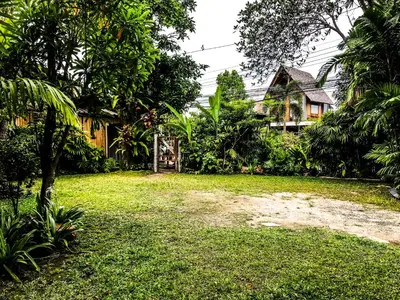 a yard with trees and a house in the background at Cafe'@luv22 in Phuket Town