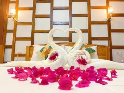 two swans making a heart on a bed with flowers at Relaxing House Koh Yao Yai in Ko Yao Yai