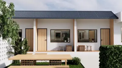 a rendering of a house with a bench in front at The Grey House Palai Phuket in Chalong