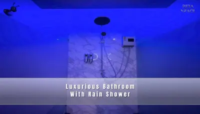 a bathroom with a purple ceiling with a shower at PERA SPACE Capsule Hotel in Phuket Town