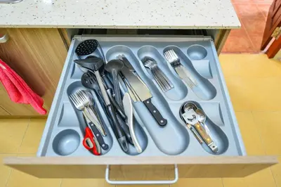 a drawer filled with utensils on a kitchen counter at 74 Patong villa walk to Bangla Rd in 10min 3 room cozy modern style in Patong Beach