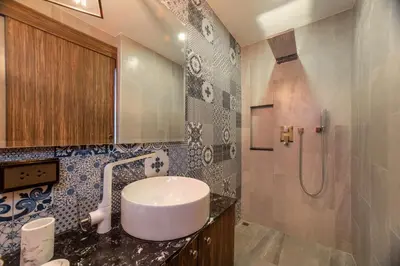 a bathroom with a sink and a shower at 1BDR Apartment near Surin beach #210 in Surin Beach