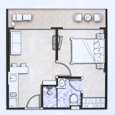 a floor plan of a small apartment with a bathroom at APARTMENTS MBC in Mai Khao Beach