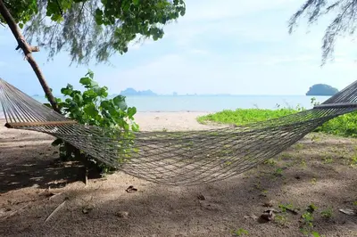 a hammock hanging from a tree on a beach at Sand Beach Bungalow in Klong Muang Beach