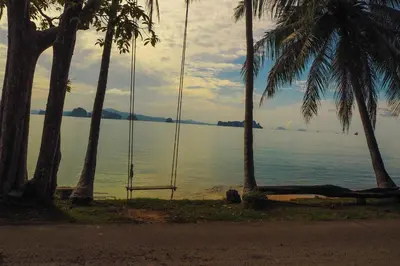 a swing hanging between two palm trees near the water at Holiday Resort - SHA Plus in Ko Yao Noi
