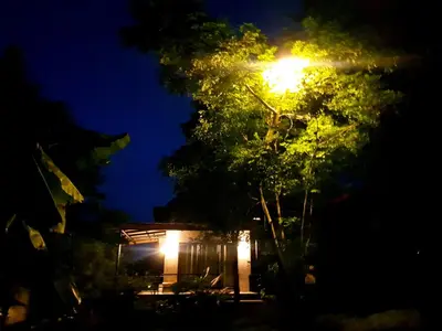 a street light in front of a house at night at Annie Meen's place Koh Yao Noi in Ko Yao Noi