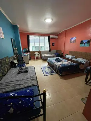 a bedroom with two beds in a room with red walls at San Antonio Beach Guesthouse & Restaurant in Kata Beach