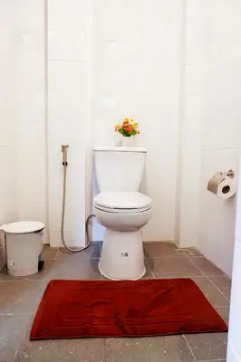 a bathroom with a toilet and a red rug at Kingsacre in Nai Yang Beach