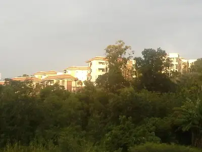a group of buildings in the distance behind trees at Top Floor, One-Bedroom Apartment in Phuket Town