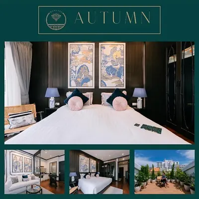 a collage of pictures of a bedroom with a bed at BAAN 125 STAY Phuket in Phuket Town
