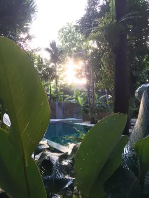 a swimming pool in a garden with palm trees at Fern House Retreat in Chalong