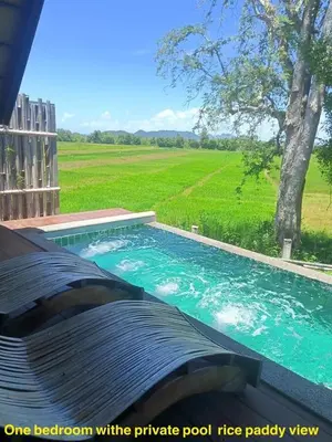 a swimming pool with blue water and a green field at Rongna Villas in Ko Yao Noi