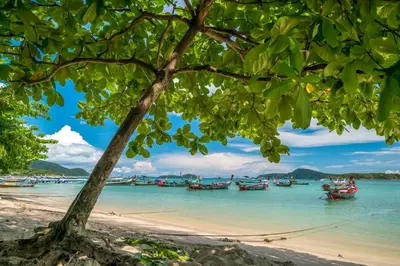 a view of a beach with boats in the water at Direct pool access 2br apartment @The Title Rawai in Rawai Beach
