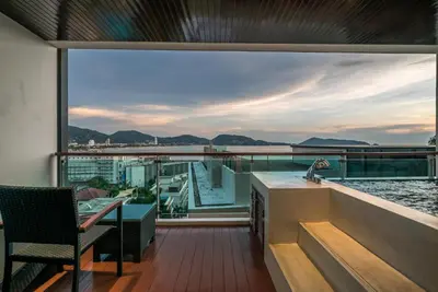 a balcony with a sink and a view of the water at Sea view apartment at The Privilege by Lofty in Patong Beach