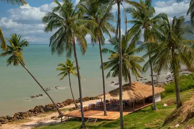 a view of a beach with palm trees and a hut at Coconut Grove Resort in Ko Yao Yai
