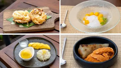 a collage of four pictures of food on a table at VARANA Krabi Hotel in Klong Muang Beach