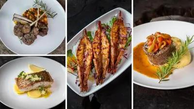 three pictures of plates of food with meat and vegetables at VARANA Krabi Hotel in Klong Muang Beach