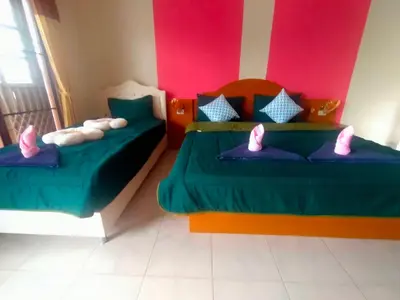 two beds in a room with green sheets and pink walls at Pailin Hill Hotel in Patong Beach