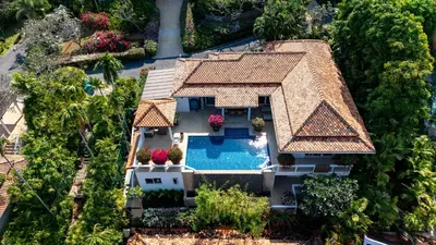 an aerial view of a house with a swimming pool at Katamanda villa Moon 3 Bed seaview near Kata Beach in Kata Beach