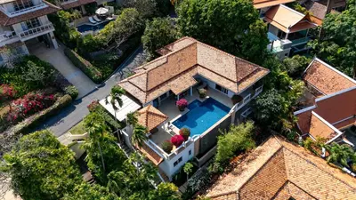 an overhead view of a house with a swimming pool at Katamanda villa Moon 3 Bed seaview near Kata Beach in Kata Beach
