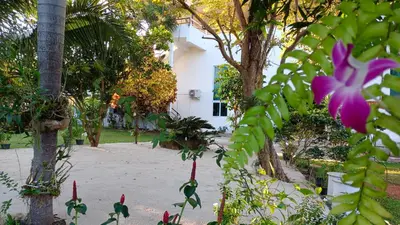 a view of a house from behind some trees at Batikseafood Airport & Room in Nai Yang Beach