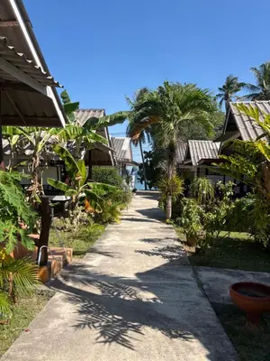 a walkway between two houses with palm trees at Pyramid Bangalow in Ban Laem Sai