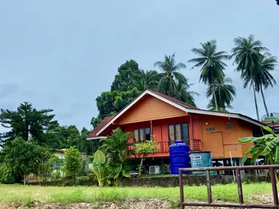 a small house with palm trees in the background at Patcharin Homestay in Ban Lo Pla Lai (1)