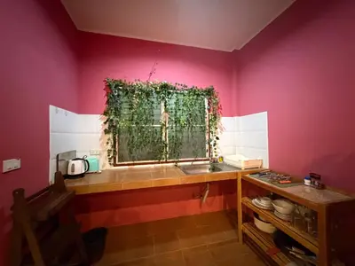 a kitchen with a sink and a window with ivy at Mandala bungalow at Ya Nui beach in Rawai Beach