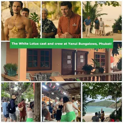 a collage of photos of people at a beach at Ganesha bungalow at Ya Nui beach in Phuket Town