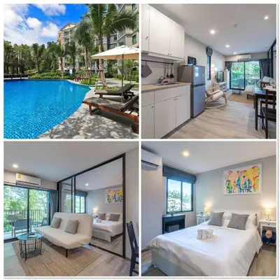 a collage of photos of a bedroom and a villa at TITLE NaiYang apartment-300m from sea in Phuket Town