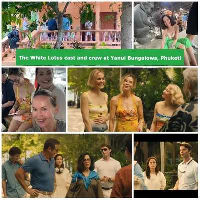 a collage of photos of people posing for a picture at Good vibes bungalow at Ya Nui beach in Phuket Town