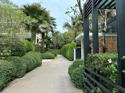 a garden with a walkway with bushes and a building at Studio Title III, Rawai Phuket in Rawai Beach