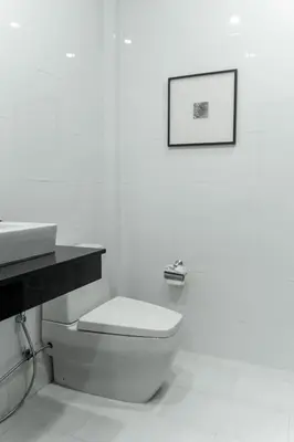a bathroom with a toilet and a picture on the wall at Villa Charming - Lovely 2 bedrooms house with pool in Rawai Beach