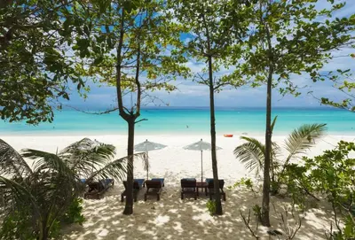a beach with chairs and umbrellas and the ocean at Mida Grande Apartment with Rooftop Pool near Surin Beach in Surin Beach