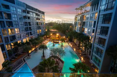an overhead view of a pool in the middle of a building at 5 Stars Facilities Condo Kamala Beach in Kamala Beach